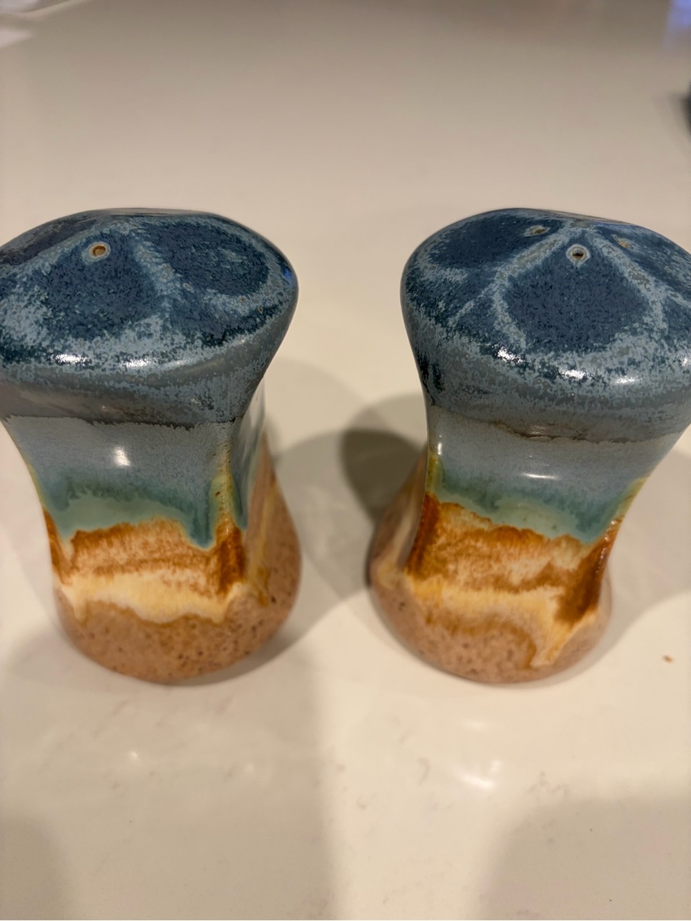 Artisan Ceramic Salt & Pepper Shakers in Blue, Green & Brown Glaze